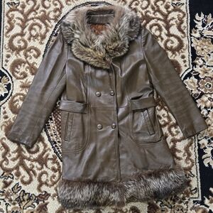 70s Leather Jacket Fur Trim Collar 1970 Retro Penny Lane Coat Quilted Lining